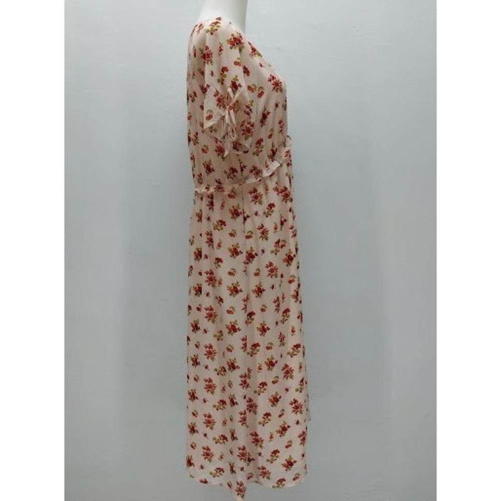 Madewell Floral Midi Dress Women's Size 12 Pink Tie Ruffle V-Neck Cottagecore - Picture 2 of 11